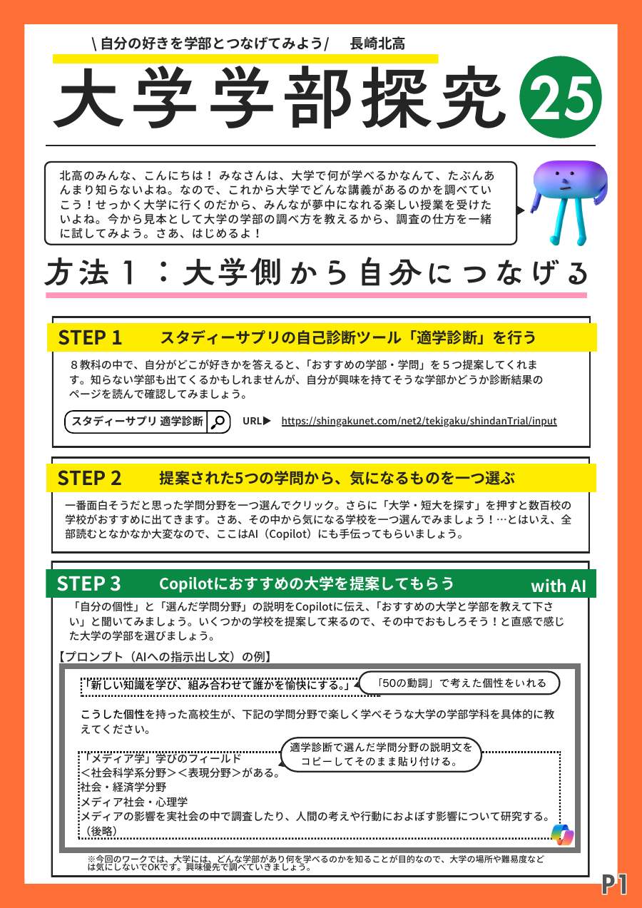 方法1「大学側から自分につなげる」。適学診断 → 学問分野を選ぶ → AIにおすすめの大学を提案してもらう。