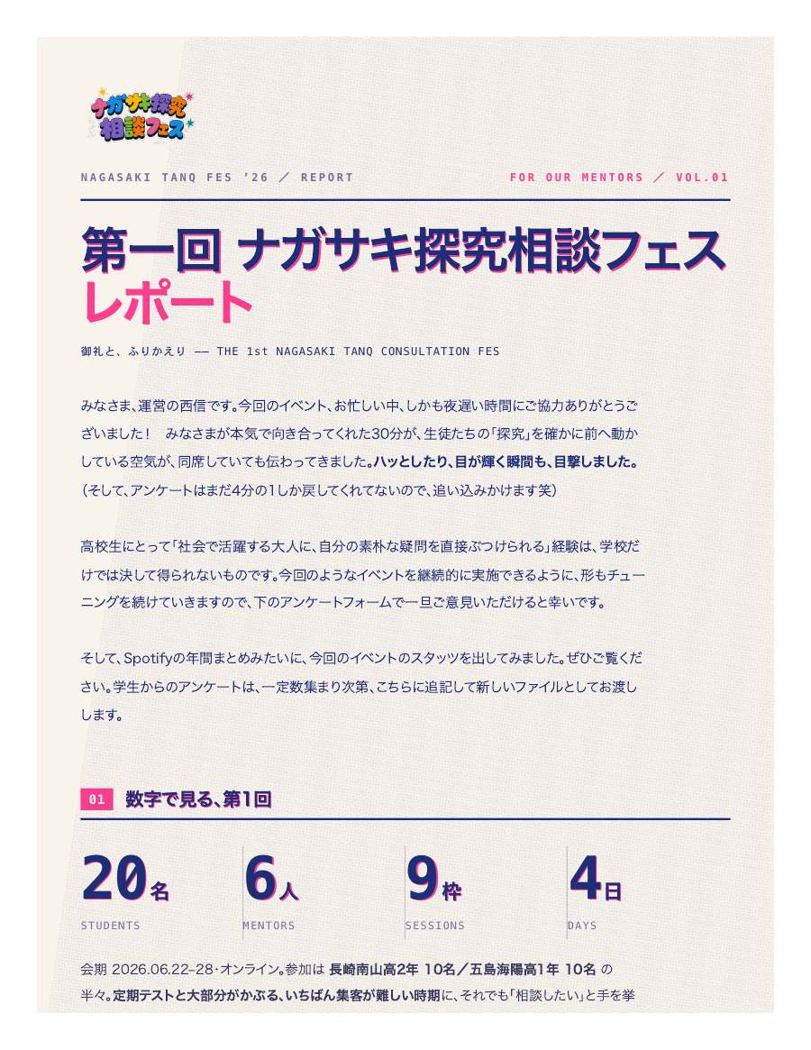 参加メンターへのお礼を兼ねて、生徒の感想を含む詳細なレポートを作成した。