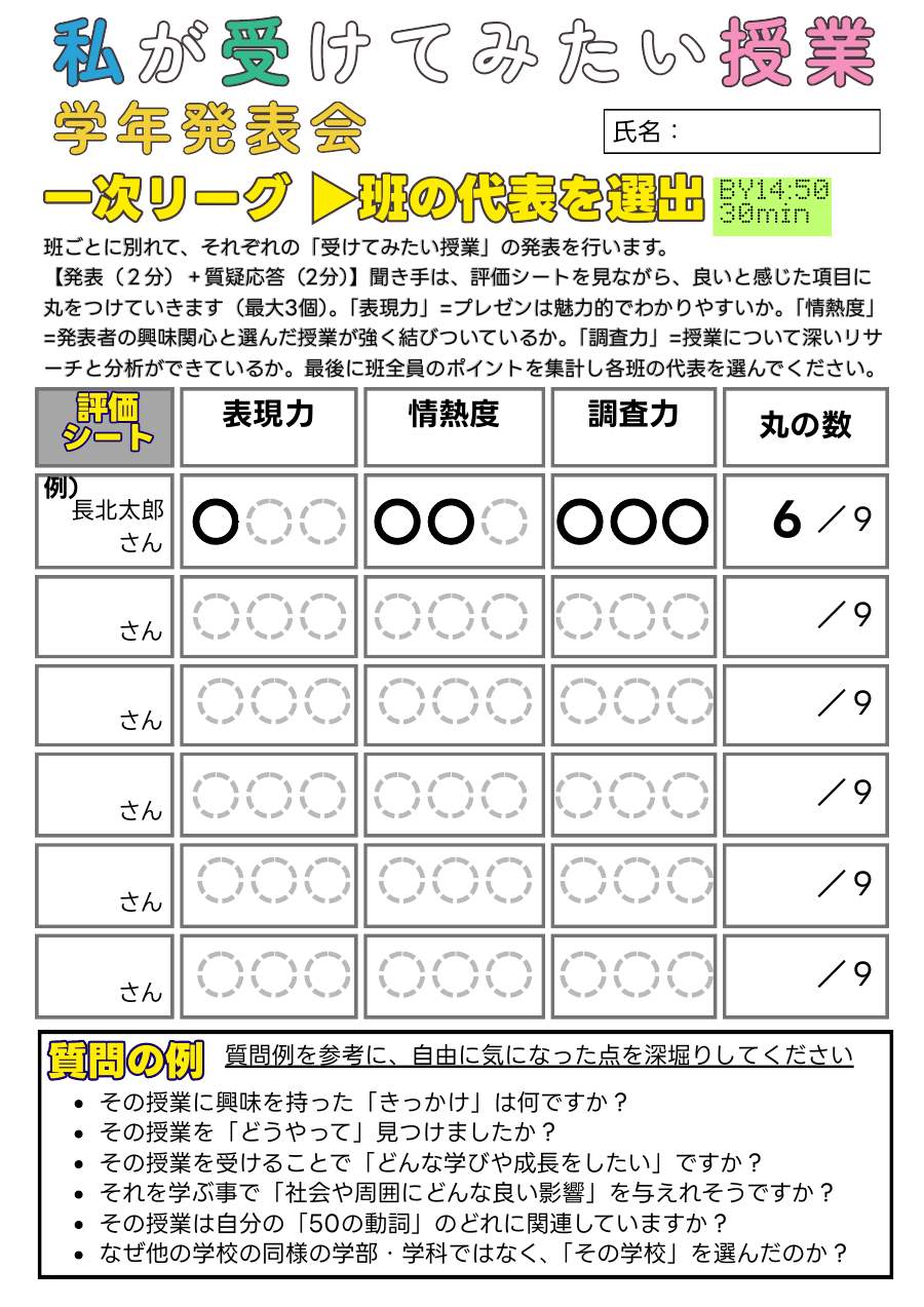 発表シート(生徒用)。調べた学部・講義を人に伝える形にまとめる。
