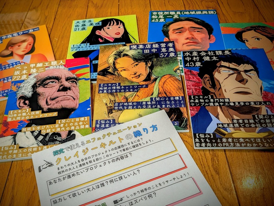 ロールプレイ用の人物カードを作成。子育て中の在宅ワーカー、市役所の地域振興課職員……それぞれのスキル・関心・目標が書いてある。この人たちを「応援団」にする練習をする。