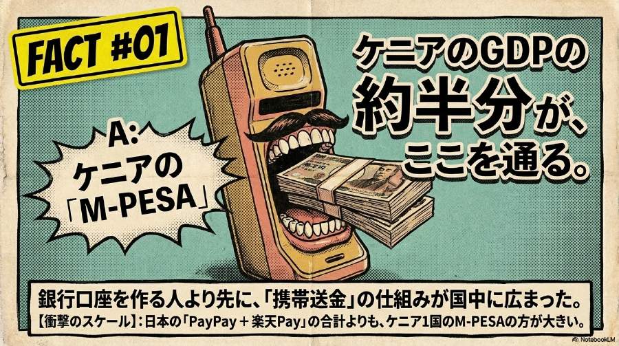 お題A。ケニアのGDPの約半分が携帯送金を通る、という事実から入る。