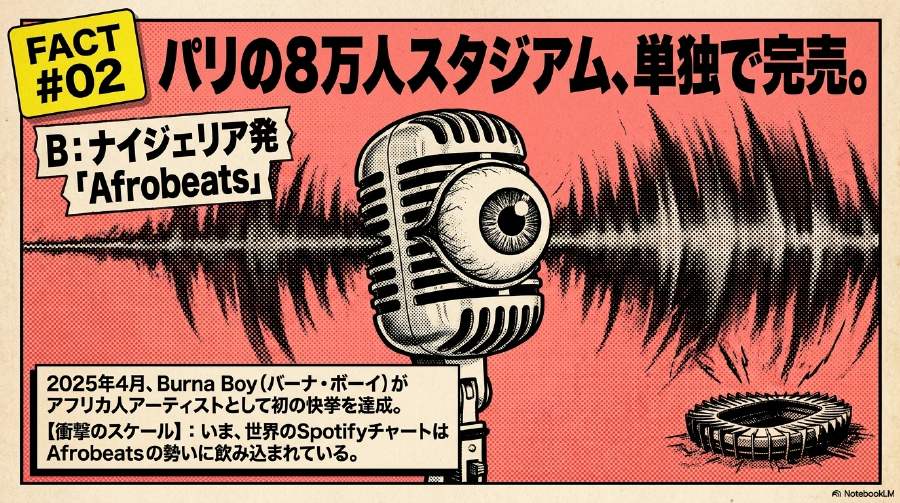 お題B。パリの8万人スタジアムを単独で完売させたアフリカ発の音楽。