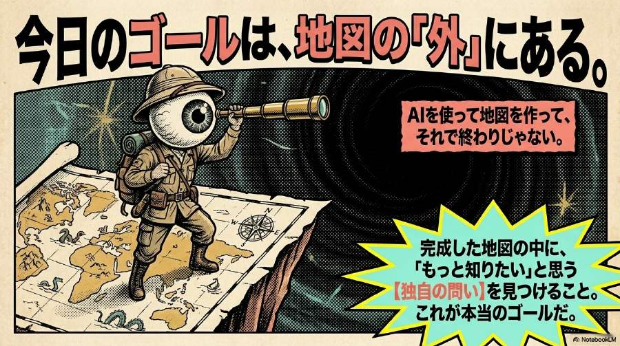 授業の冒頭で見せる1枚。AIで情報を集めて終わりではなく、集めた地図の「外側」に自分の問いを見つけるのがゴールだ、と最初に宣言する。