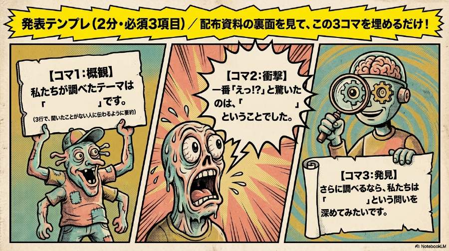 発表テンプレは3コマ漫画。概観・衝撃・発見の3つを埋めるだけ。