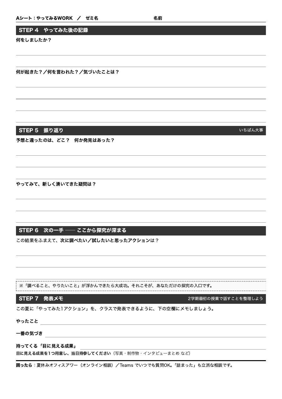 Aシート裏面。振り返りシートは、次の一手につなげる。