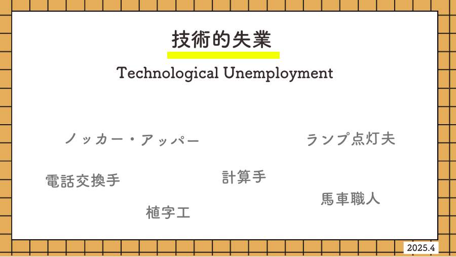 ノッカー・アッパー(朝、窓を叩いて人を起こす仕事)、ランプ点灯夫、計算手、電話交換手、植字工、馬車職人。技術で消えた職業を並べる。