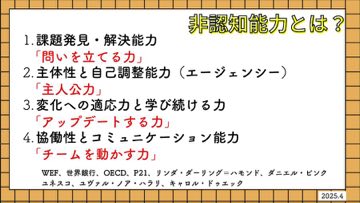 必要になるとされる4つの力。問いを立てる力/主人公力/アップデートする力/チームを動かす力。出典も明記した。